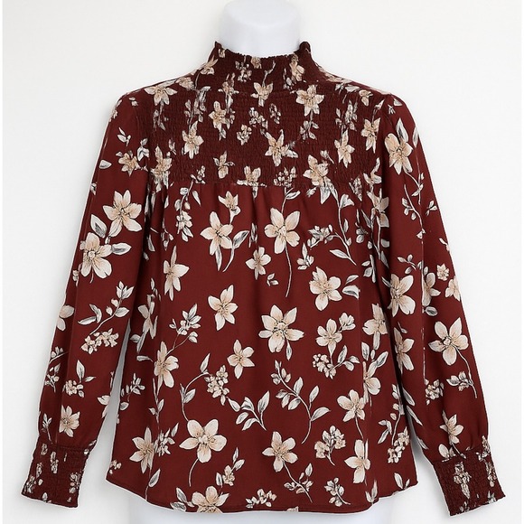 CURE Women's Floral Smocked High Neck Long Sleeve Blouse Size S Burgundy Vintage - Picture 1 of 13